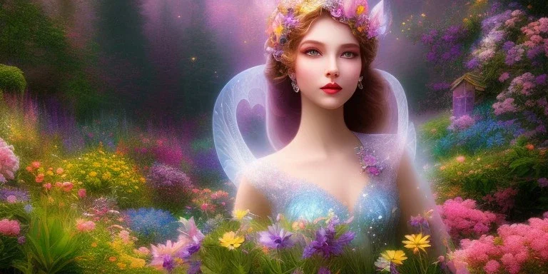 bright fairy, beautiful portrait, flowery landscape