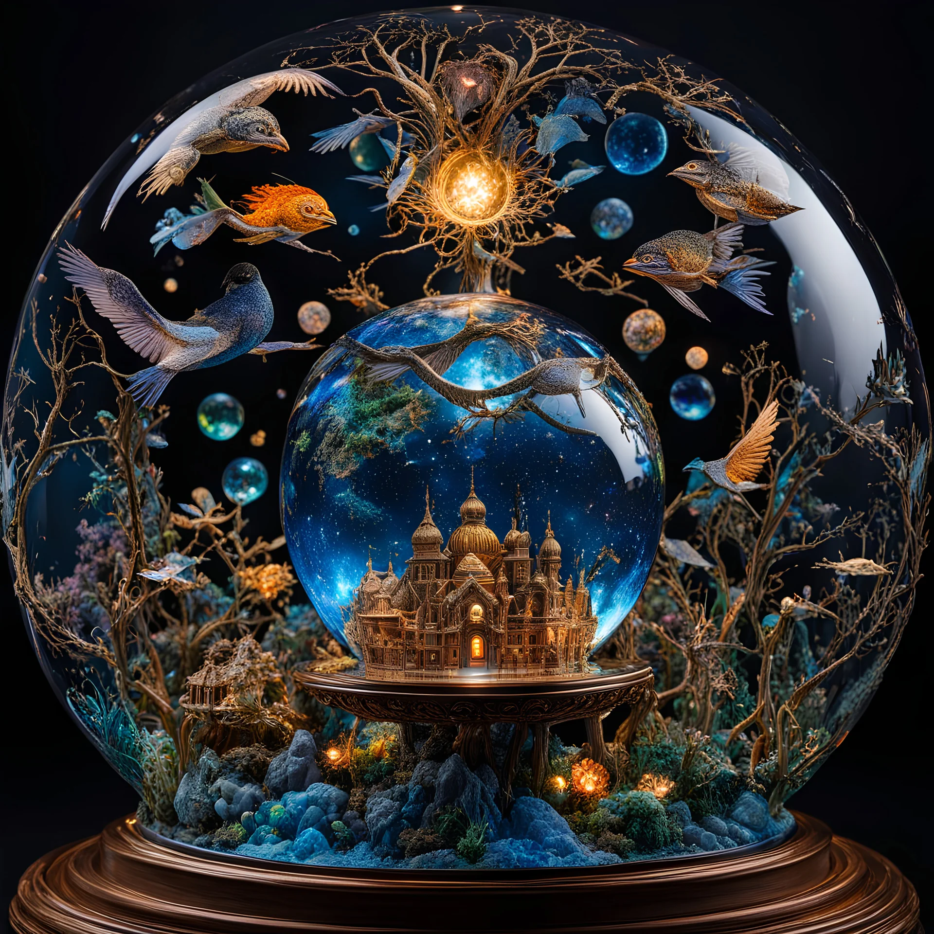 glass globe with intricate miniature Galapagos Epic cinematic brilliant stunning, by Su Blackwell, fantastical, intricate details, maximalism, dramatic, hyperdetailed, mega maximalist, Su Blackwell, holographic astral cosmic brilliant nighttime array by Pablo Amaringo