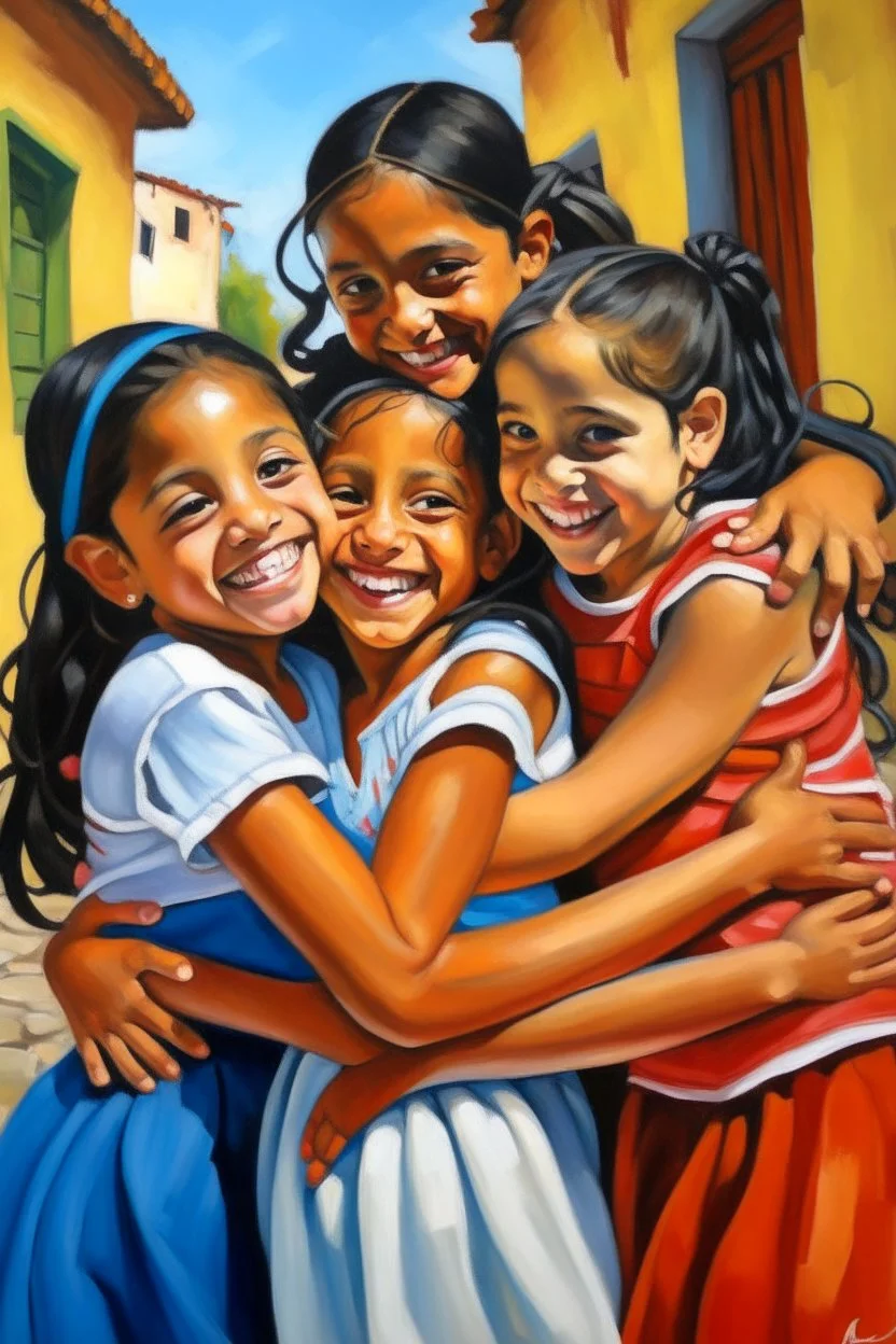 cuban childeren girls hugging each other and smiling painting neoclassism