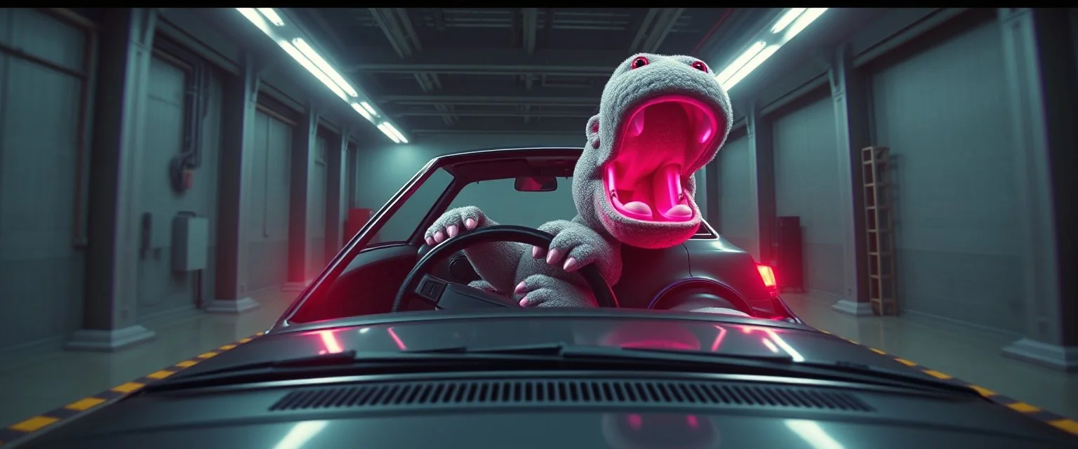 car driving happy 2d neon fluffy orc wheel test dummy hippo scumbag in the style of Escher and Giger and Fallout 4, pinhole cam, airbrush 3d rendering, on tv screen:A five-second cinematic single take in a clean industrial presentation hall.