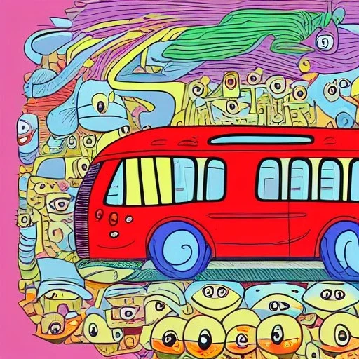 isometric twisted smiling bus with eyes by jim woodring in cartoon style