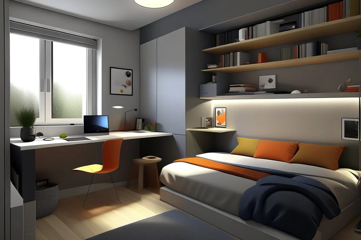 A youthful room with a PC and a bed 190 cm, 90 cm wide, and RGP side lighting.