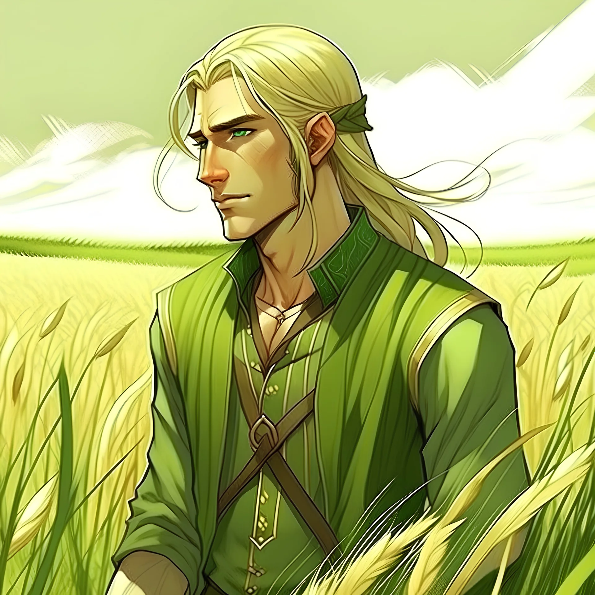 middleage male, soft features, long blonde hair, green clothing decorative wheats, on a field, drawn