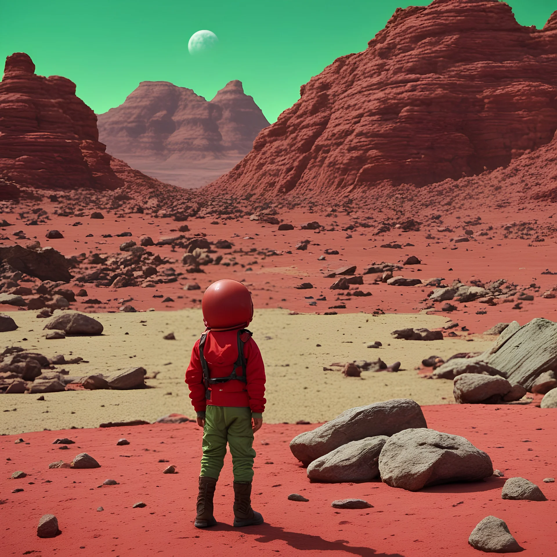 a young boy standing in front of a pile of rocks, in a scifi movie, in a red dish, mars landscape, set in 1998, green screen, the concept of infinity, red carpeted floor, inspired by Stan and Jan Berenstain, sad scene, the fifth series, fully space suited a young boy standing in front of a house, still from better call saul, wearing a patch over one eye, music video, stride, cam, long arm, sebastian luca, insidious, by James Baynes, red vest, button potenciometers, eboy, still from the movie, s