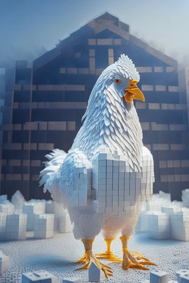 chicken in a farm made out of identical, same-sized cubes, full body portrait, full white, meticulously intricate perfectly symmetrical extremely detailed, full body and melting details, dramatic pose, portrait, pixiv daily ranking, pixiv, extreme depth of field, artstation, sculpture style, spectacular details, volumetric lighting, masterpiece, cinematic, Hollywood production, 8k resolution high definition, max octane render, vivid colors, max resolu