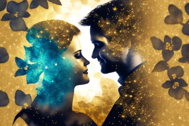 double exposure, merged layers, loving couple, forget-me-nots, heart and love in sunshine, watercolor and black ink outlines, sparkling golden glitter, ethereal, cinematic postprocessing, bokeh, dof