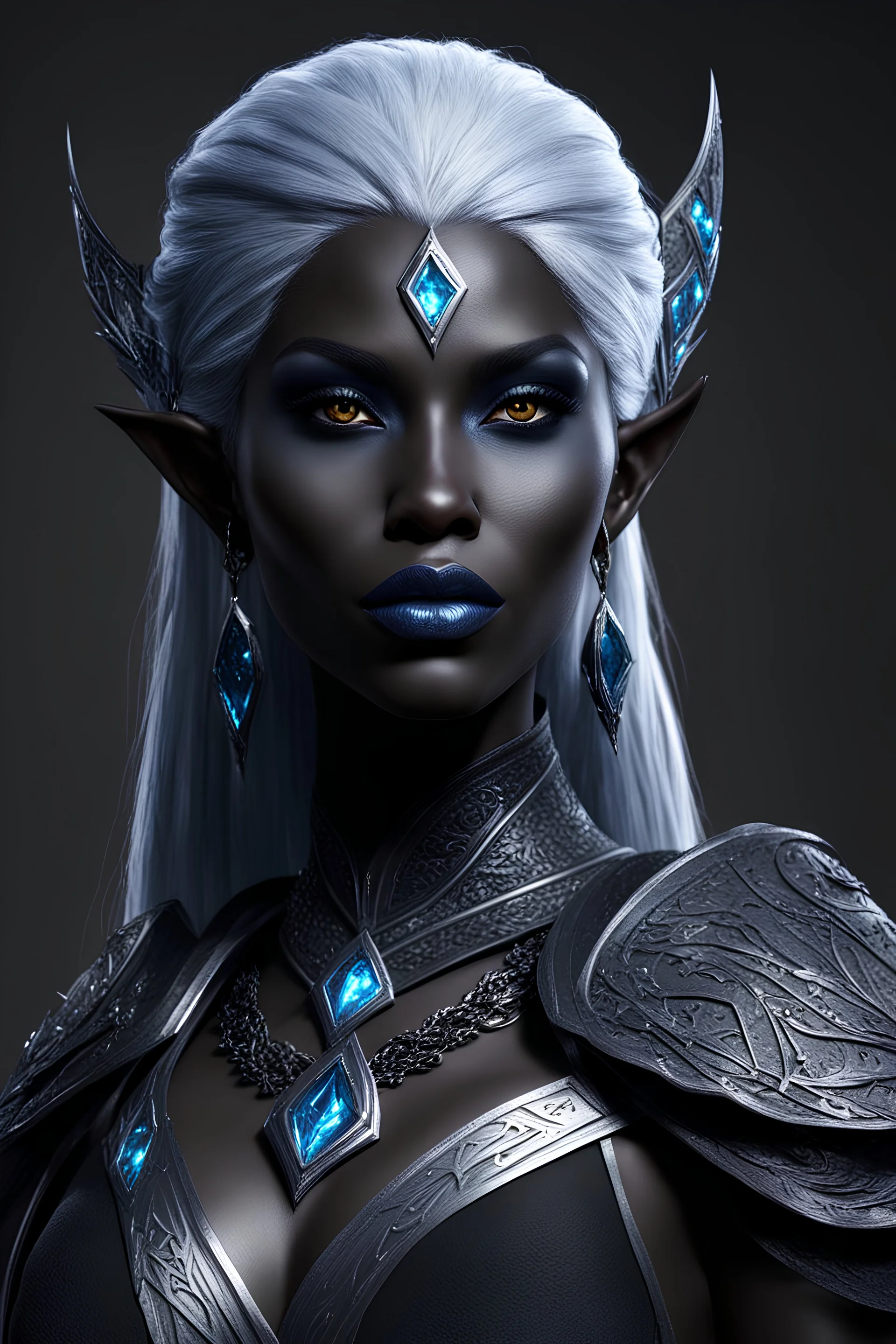 dnd character art of a drow sorceress. high resolution cgi, 4k, ears, dark-charcoal-black skin, unreal engine 6, high detail, cinematic.