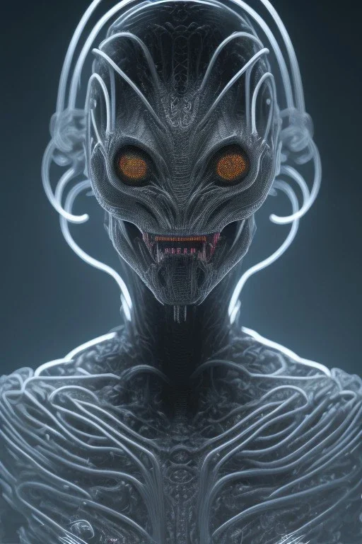 evil predator, alien, tron, head, bitcoin eyes, 8k, finely detailed, dark light, photo realistic, hr giger, cyberpunk