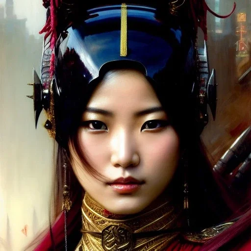 portrait beautiful face japanese female ninja,busty,ancient metal armor balanciaga fashion clothe painting by gaston bussiere, greg rutkowski, yoji shinkawa, yoshitaka amano, tsutomu nihei, donato giancola, tim hildebrandt, oil on canvas, cinematic composition, extreme detail,fit full head inside picture,16k