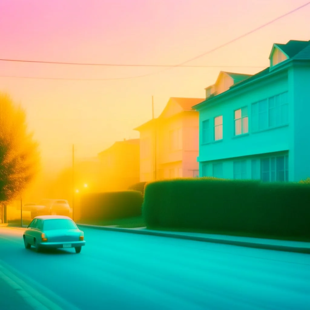 Photograph of a liminal suburbs, light pastel colors, blurred image from 90's