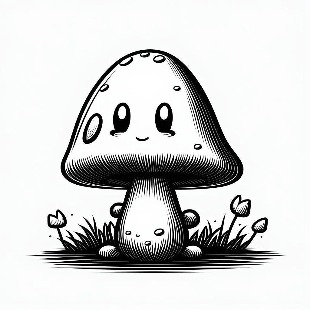 mushroom, black and white, cartoon, drawing, cute, creature, simple