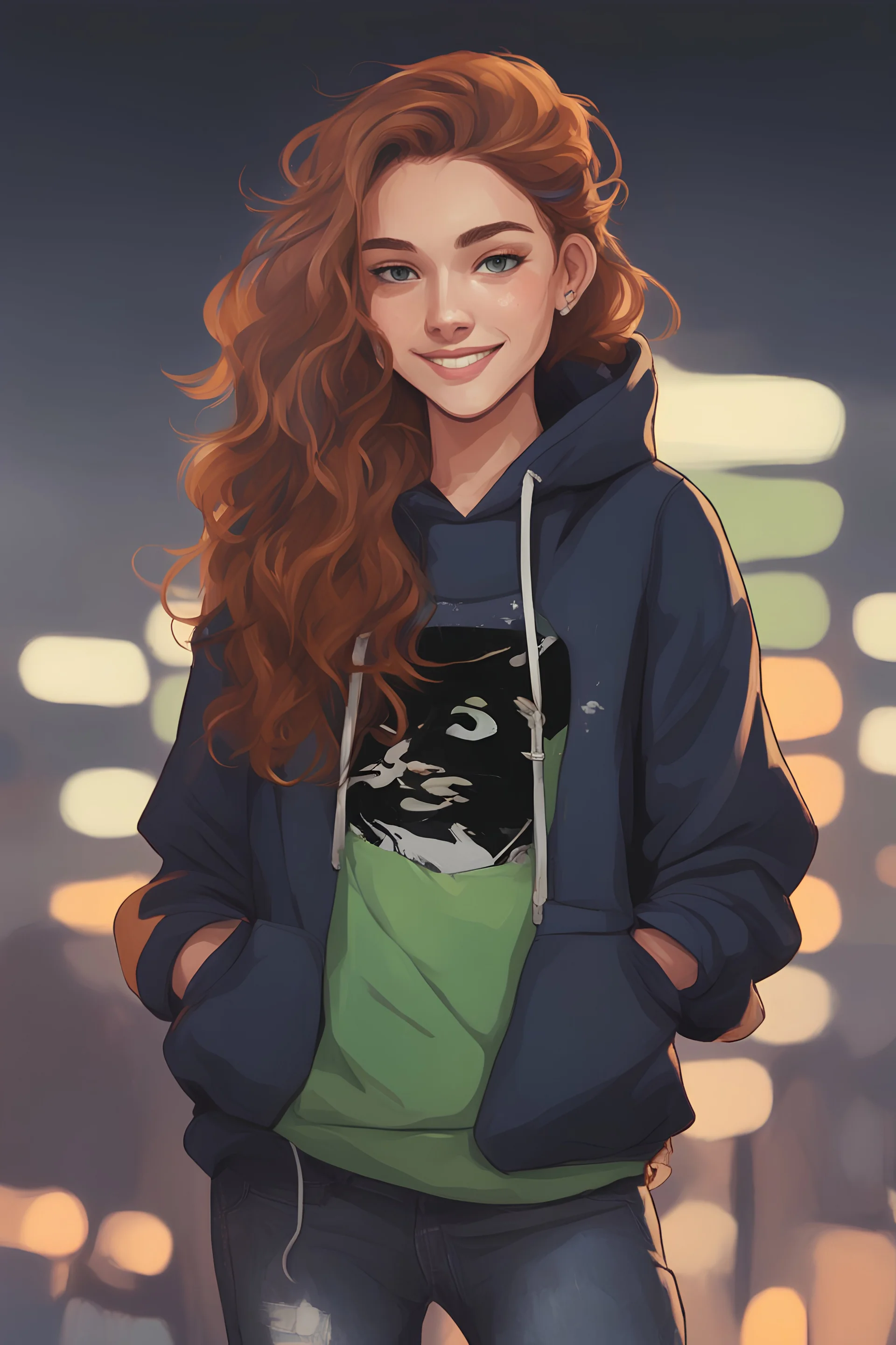 smiling androgynous green eyed teenager with freckles and long hair wearing a navy blue hoodie, jeans and a black t-shirt, simple background, cartoon fantasy oil painting style, 80's