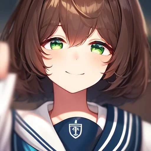 Clear focus,High resolution, brown short fluffy hair, long fluffy bangs, and green eyes, Depressed girl, wearing a sailor uniform, Smug smile, half closed eyes, smile, Extreme close up,