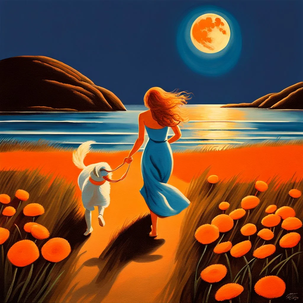 A woman's painting and Irish Sutter dog are is walking in the field leading to the beach under a full moon, graceful, orange and azure, articular art, flower power, realistic but romantic, picturesque fabrics, dance -37:43 - -Style 750 v6