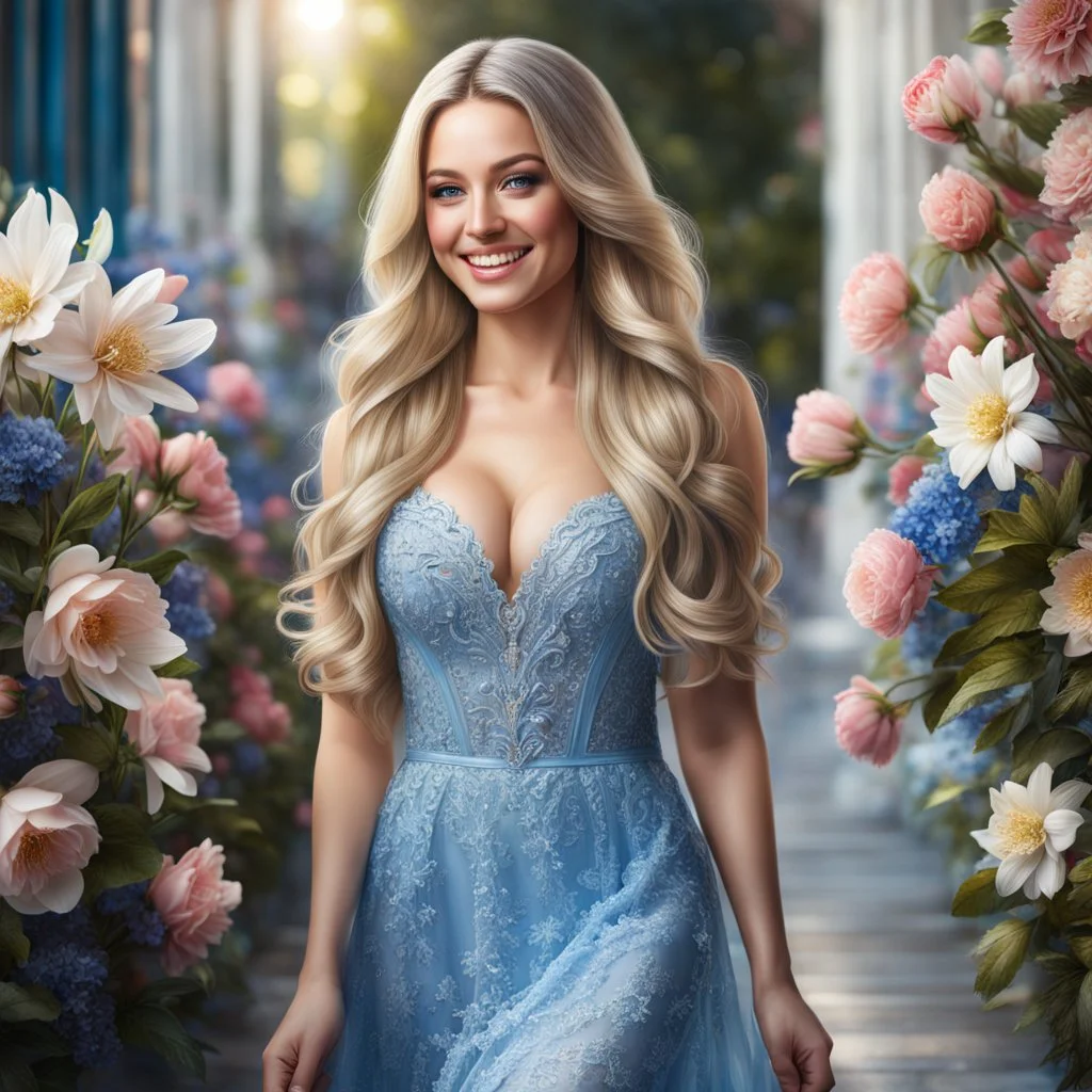 (best quality, 4k, 8k, highres, masterpiece:1.2), ultra-detailed, (realistic, photorealistic, photo-realistic:1.37),hyper realistic, full body gorgeous smiling 1woman,long hair,looking at viewer,realistic proportions,blue eyes,hair ornament,dress,very long hair,flower,blonde hair,parted lips,necklace,white dress,blonde hair,lips,blurry background,freckles,realistic,head wreath, pink flower,realistic portrait, dreamy fantasy landscape countryside,crystal castle behind