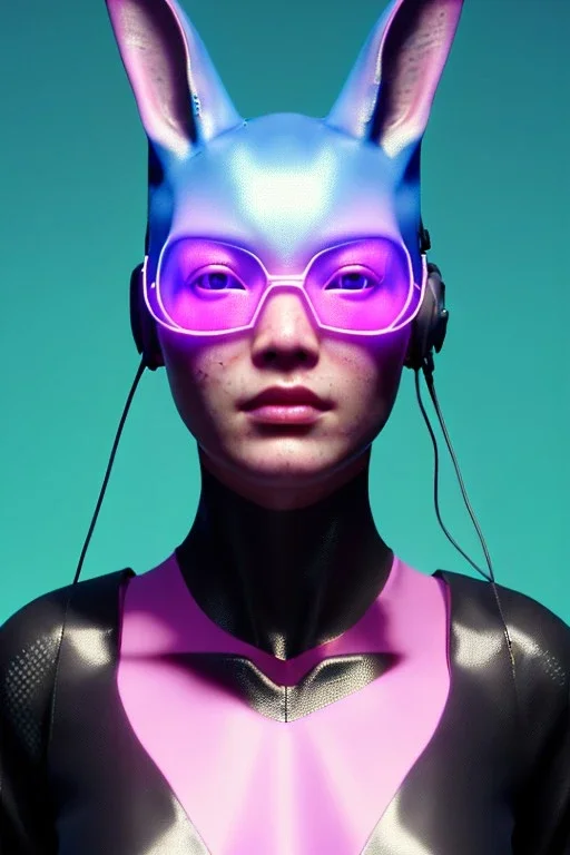 Medium Close Up Portrait, Front image. cyberpunk, rabbit mask, asian woman, short hair. Latex suit. white, pink, color. Fantastic woman style. Color background, photo studio. Avatar image, highly detailed, concept art, smooth, unreal engine 5, ray tracing, RTX, lumen lighting, ultra detail, volumetric lighting, 3d, finely drawn, high definition, high resolution.