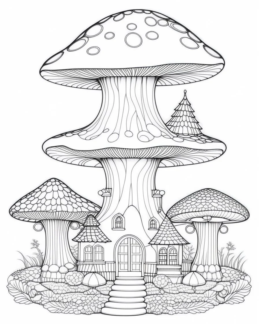 Coloring pages: Whimsical magical mushroom haven, complete with whimsical fairy houses and enchanting toadstools.