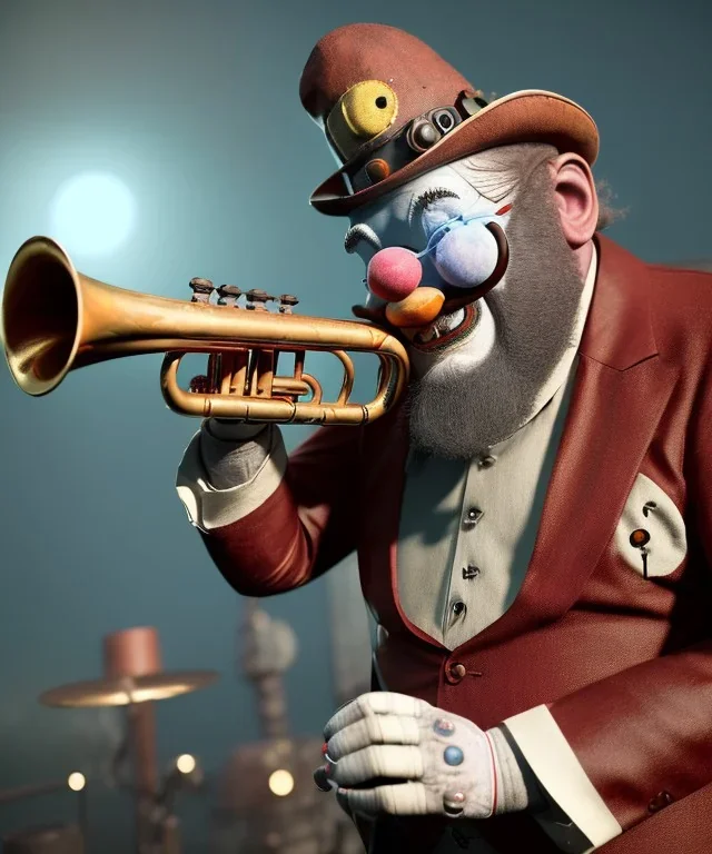 mechanoid old friendly fat clown with trimmed beard playing jazz with a steampunk theme, trumpet, realistic