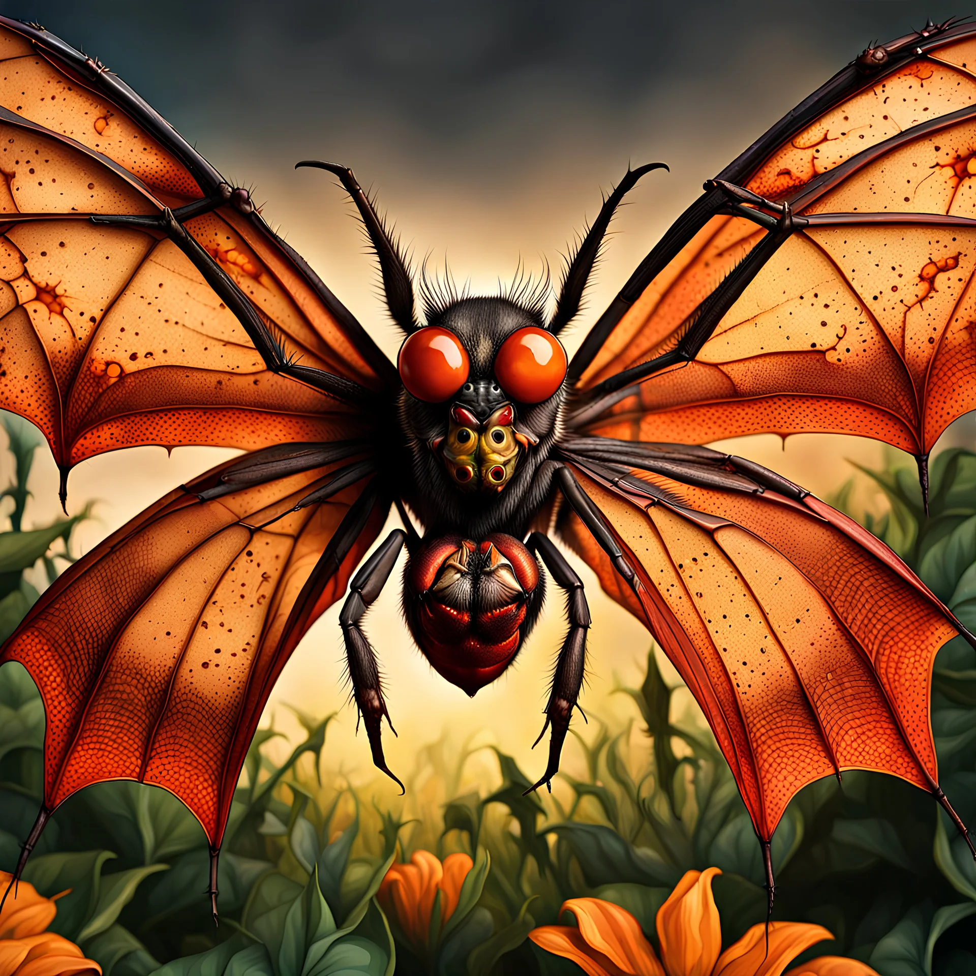 A national geographic award skin color patterned like a poisinous incect or reptile, horrorcore, science gone crazy, winning photograph of of a bat spider housefly hybrid in nature and on the hunt, 64k, reds, oranges, and yellows anatomically correct, 3d, organic surrealism, dystopian, photorealisitc, realtime, symmetrical, clean, 4 small compound eyes around two larger compound eyes, surrealism telephoto dynamic lighting 64 megapixels Unreal Engine volumetric lighting VRay