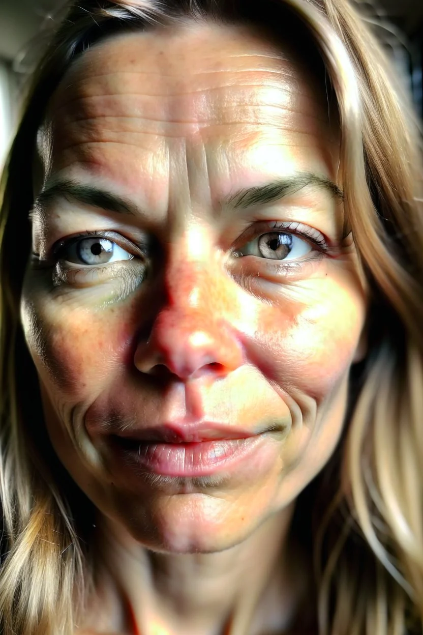 A selfie of a woman, middle blond hair, showing a 39-year-old European woman. She has brown hair, face without makeup, cute nose, detailed full lips, skin texture. Natural lighting and low contrast. Face framed.