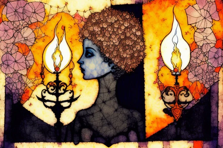 two flaming candles, heart and love caricature in ochre and hydrangeas, looking skyward in wonder, nostalgia, battery corrosion, starry sky, garden, Mercury Glass patina, topographic lines, Art Brut, moody, somber, desaturated colors, in the style of Paul Klee, Arthur Rackham double exposure waterfall, reflection, sunrise, Misty morning smooth intricate high definition beautiful lighting pencil sketch watercolor polished warm light