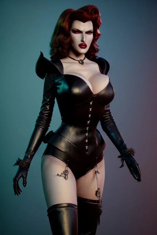 Rita Hayworth as evil queen in black leather, leather, busty, cleavage, angry, stern look. character design by cory loftis, fenghua zhong, ryohei hase, ismail inceoglu and ruan jia. unreal engine 5, artistic lighting, highly detailed, photorealistic, fantasy