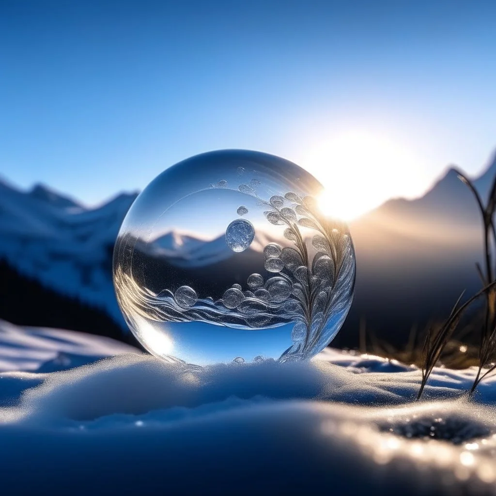 Frozen bubble in front of a snowy mountain landscape, the bubble has wonderful icecrystals and the sun is shining, frozen, cold outside, beautiful small ice flowers in front of the bubble