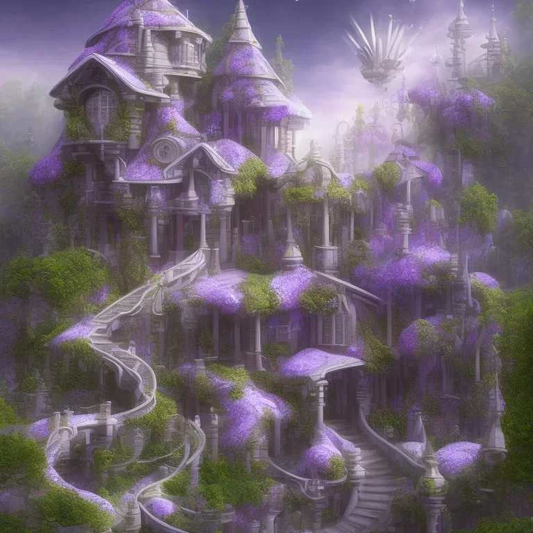 spiral house, 8k super detail, blue green flowers, purple sparkle house