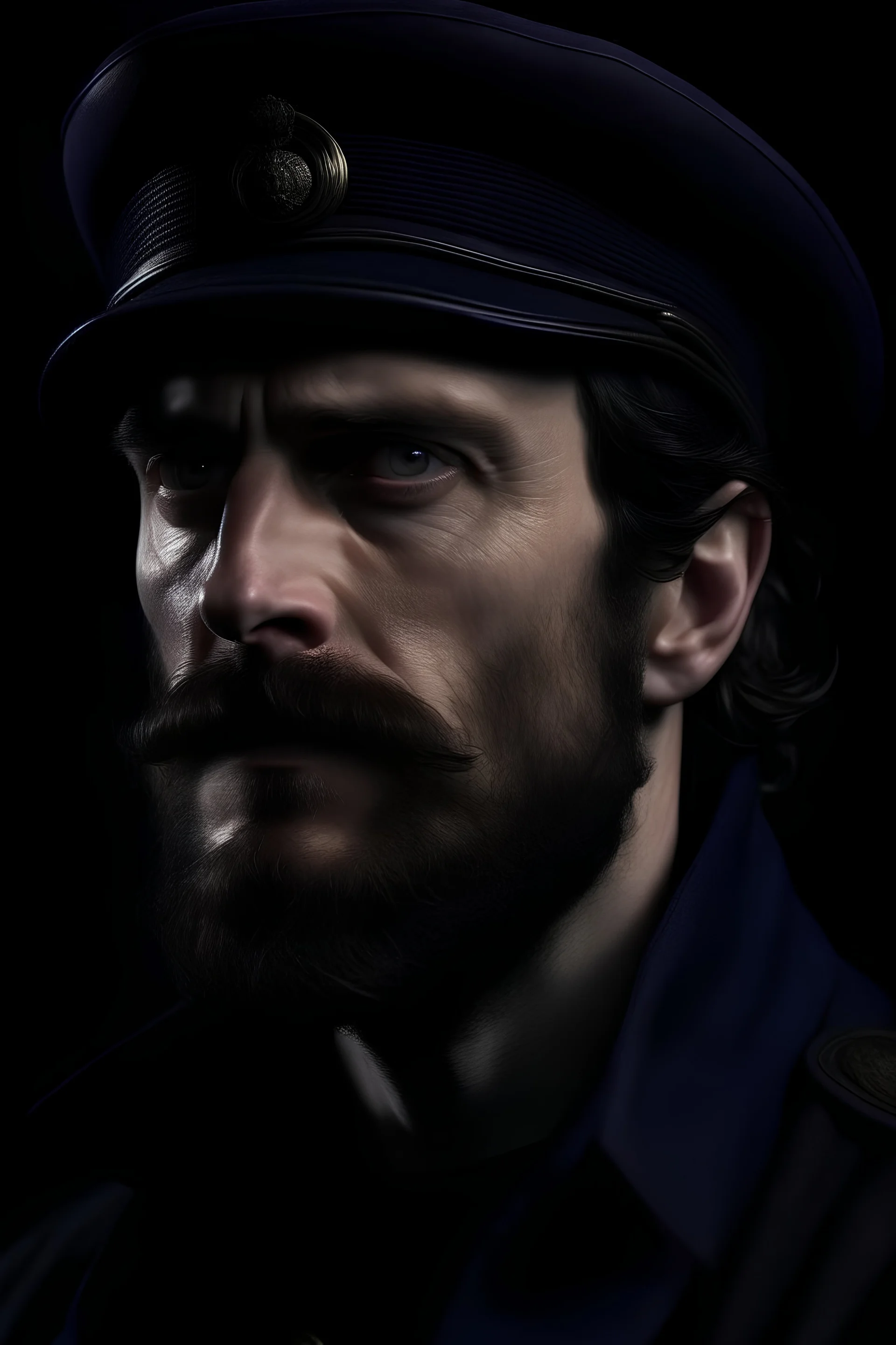 HENRY CAVILL, SEA CAPTAIN, BEARD, WITH A MILITARY CAPTAIN HAT, curly HAIR, DARK, DARKNESS, PURPLE, OCCULT