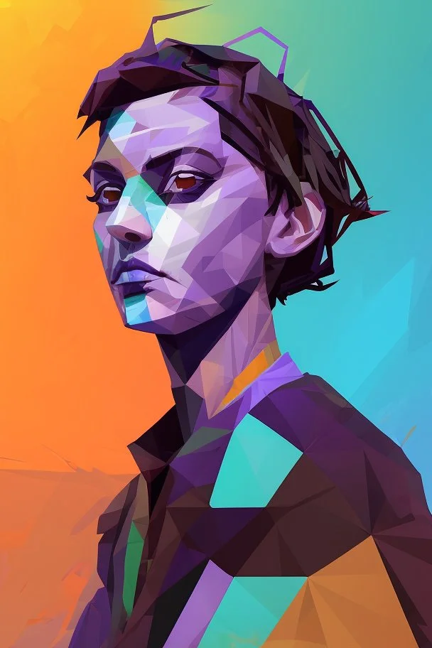 whimsical arafed nonsense stylized abstract portrait of a man with dark bob hair, seated with arms crossed, (((oversize head))), in vibrant patchwork purple dress and orange accents around wrists, background is blend of bold beige and drab patchwork vibe, cyan tints, rainy whimsical afternoon, sharp color contrasts, amazing shadows, minimal cozy, color leak, heavily distorted views, amazing parallels