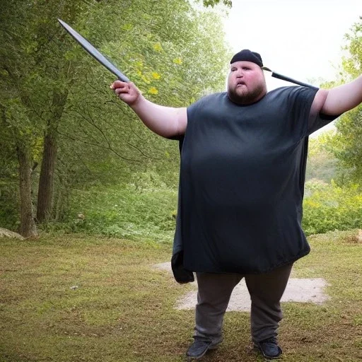 fat guy throwing knives, while wearing a poncho, has light facial hair