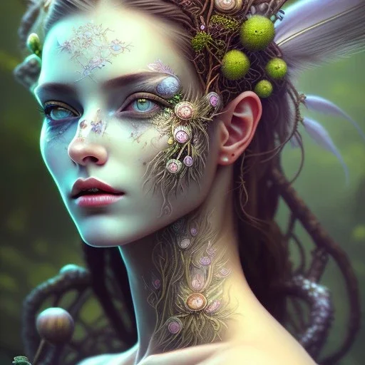 Portrait of beautiful girl, plant, metal, feathers, Dryad, fae, sidhe, ominous, nature, plants, wildflower, facepaint, dnd character portrait, intricate, oil on canvas, masterpiece, expert, insanely detailed, 4k resolution, retroanime style, cute big circular reflective eyes, cinematic smooth, intricate detail , soft smooth lighting, soft pastel colors, painted Renaissance style,bokeh, 800mm lens