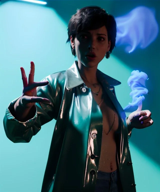 Ultra Realistic image, photo studio, medium shot view, a woman making the fuck off gesture with his finger, blue smoke coming out of his nose and mouth, happy. Latex inflatable coat, soft color, highly detailed, unreal engine 5, ray tracing, RTX, lumen lighting, ultra detail, volumetric lighting, finely drawn, high definition, high resolution.