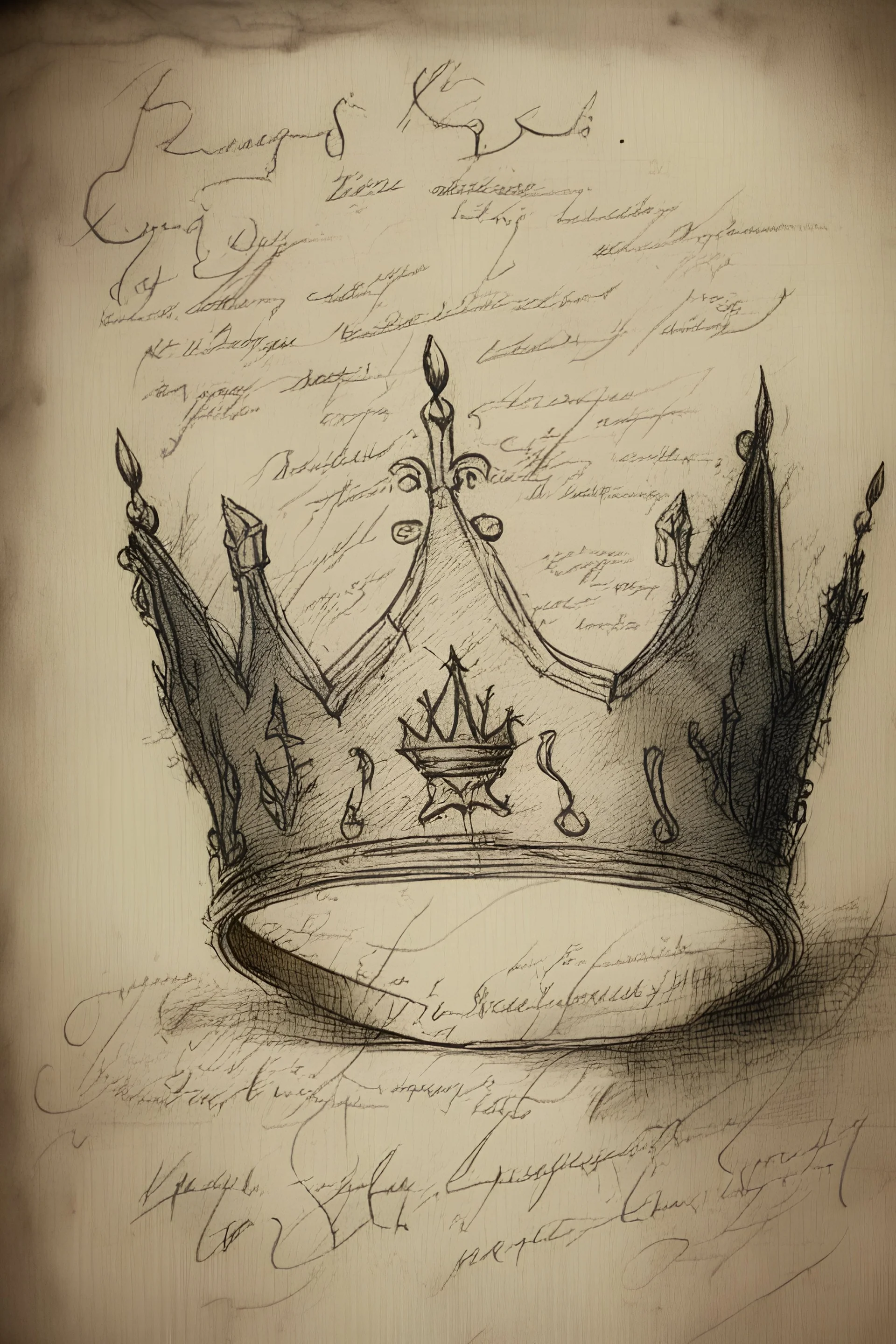 A sketch of an ancient legendary crown with strange text