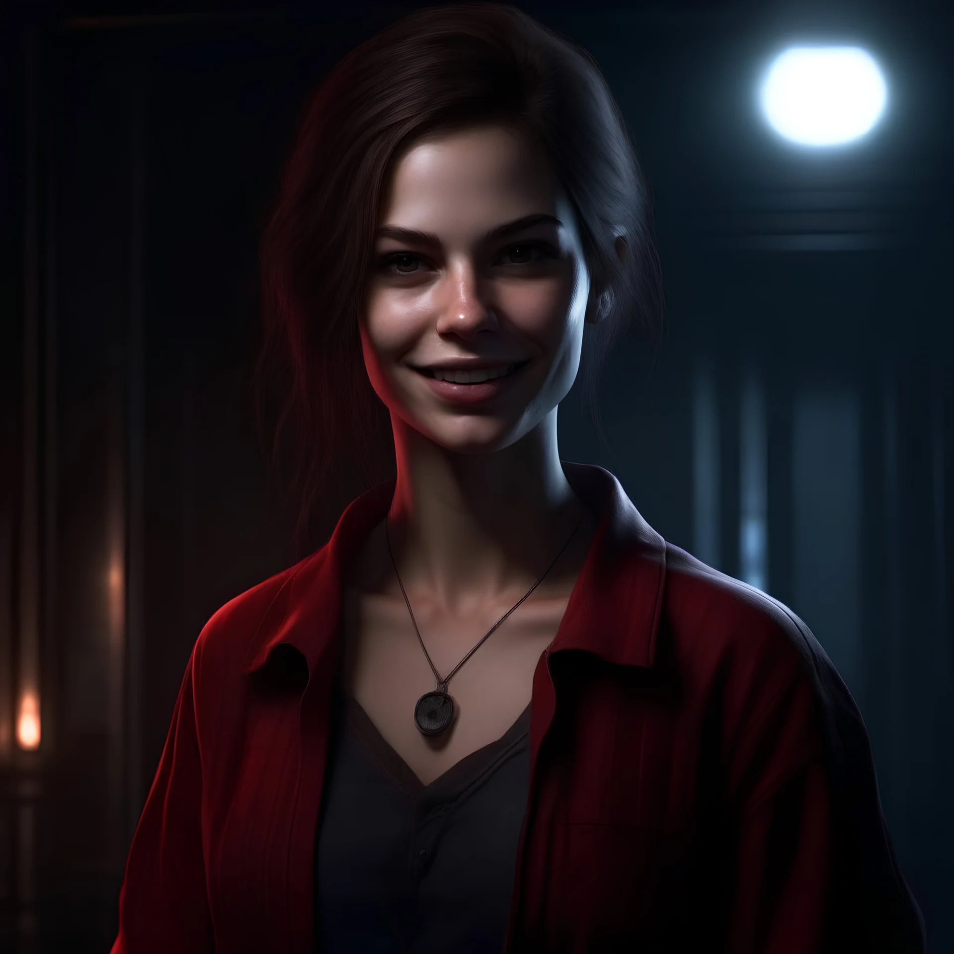 vampire the masquerade, rough female brujah looking confident with an ice cold knowing smile, a slighty crooked nose and an eyebrow slid and more like a tomboy with a red flanell shirt standing next to an undergorund fighting ring, photorealistic artstyle