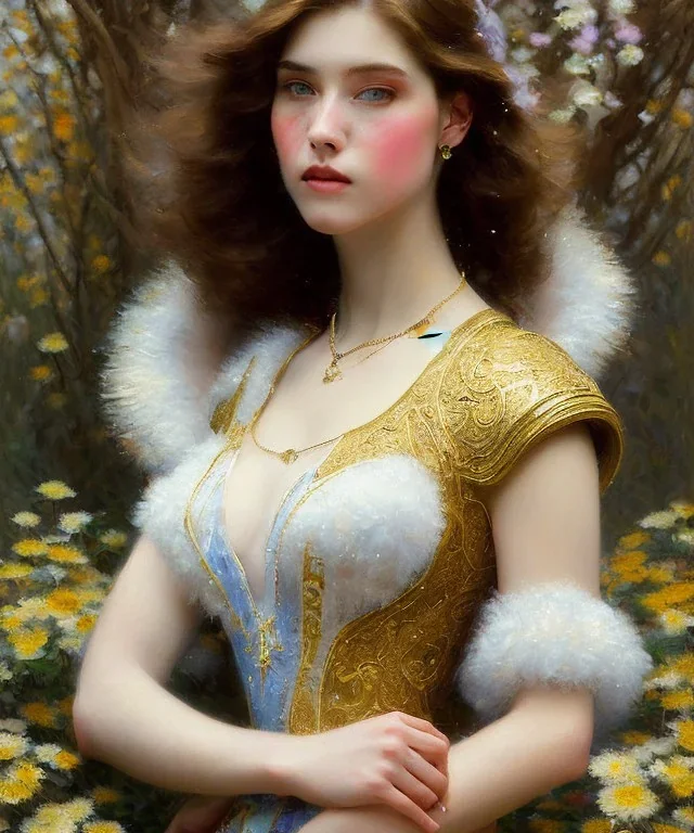 realist impressionist portrait of "The Curious Female" by Ross Tran rework. Masterpiece, best quality, painted impressionist brush strokes. paint drips and drabs and splatters by and by art nouveau and richard schmid . Paint spatters, drips, drabs, dynamic, artstation, artgerm