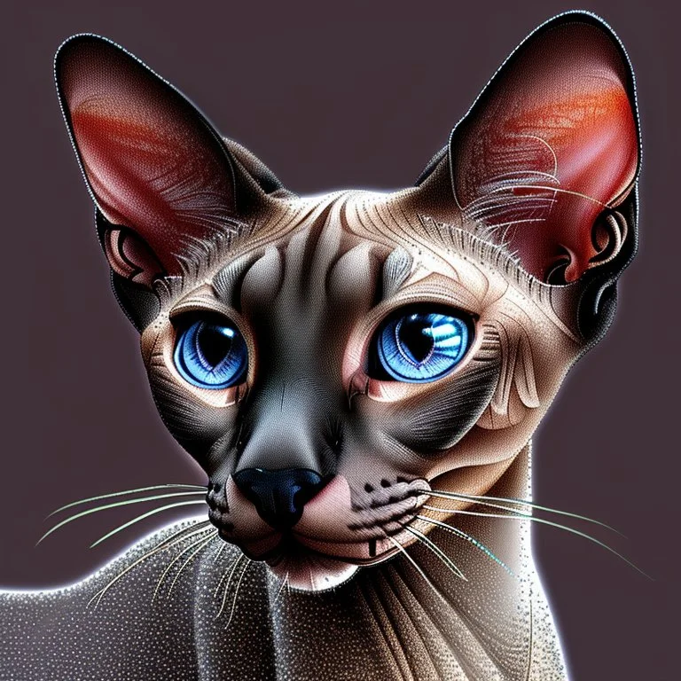 beautiful blue eyed, tall ,long legged, slender, elegant, sophisticated, sphynx-like chocolate point siamese cat expressionism pointillism style