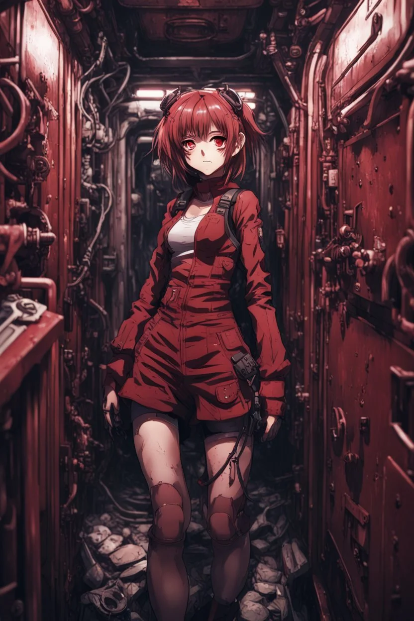 Anime girl crushed inside claustrophobic really diesel in engin room of the ship, fullbody, intricate, darkred tones, macro photography,