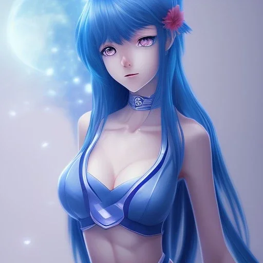 A realistic anime wifu character, blue eyes, breasts