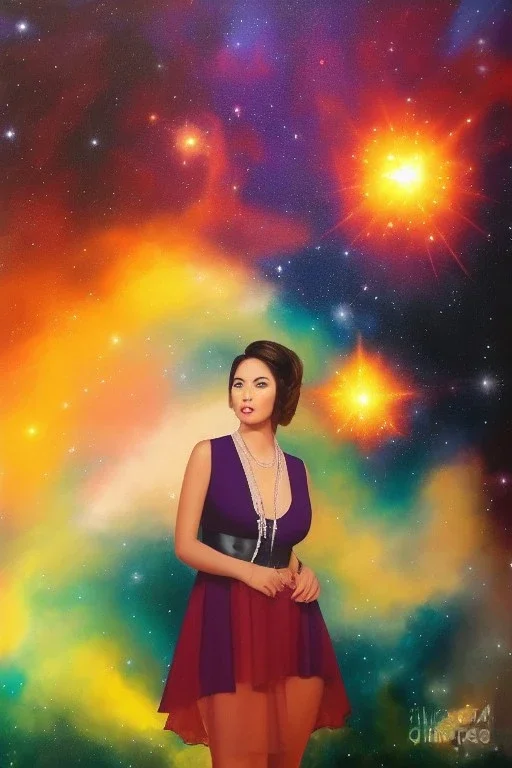 Full body portrait, painting, medium shot lady Spacecore background volumetric supernova