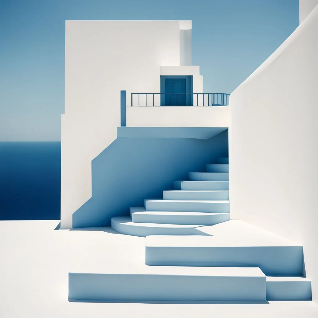 Minimalist abstract cyanotype photo of stairs outside a Greek house