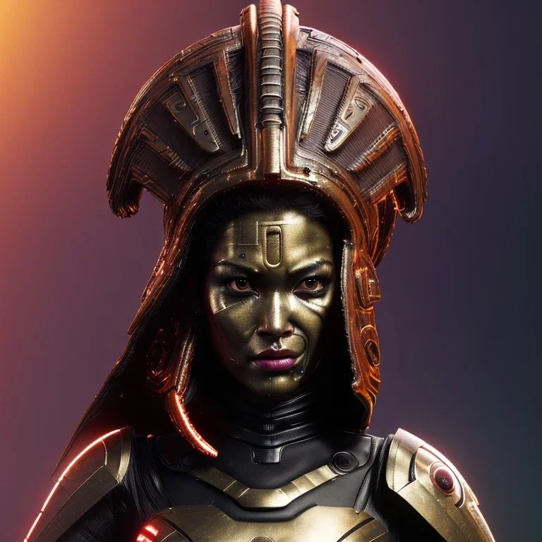 Maori cyber woman, sci-fi, rounded face, blood, black, gold, brown, samurai helmet, decorative color feathers, retro, circuits, led lights, leather, vibrant color, highly detailed, art stations, concept art, smooth, unreal engine 5, god rays, ray tracing, RTX, lumen lighting, ultra detail, volumetric lighting, 3d, finely drawn, high definition, high resolution.