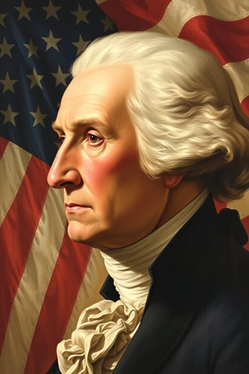 an expressive painting of George Washington side view face with the American flag in the background, might see a companion with features of absolute strength and determination, blended with warmth and deep faith. Perhaps his head expresses wisdom and courage, with eyes radiating confidence and faith.