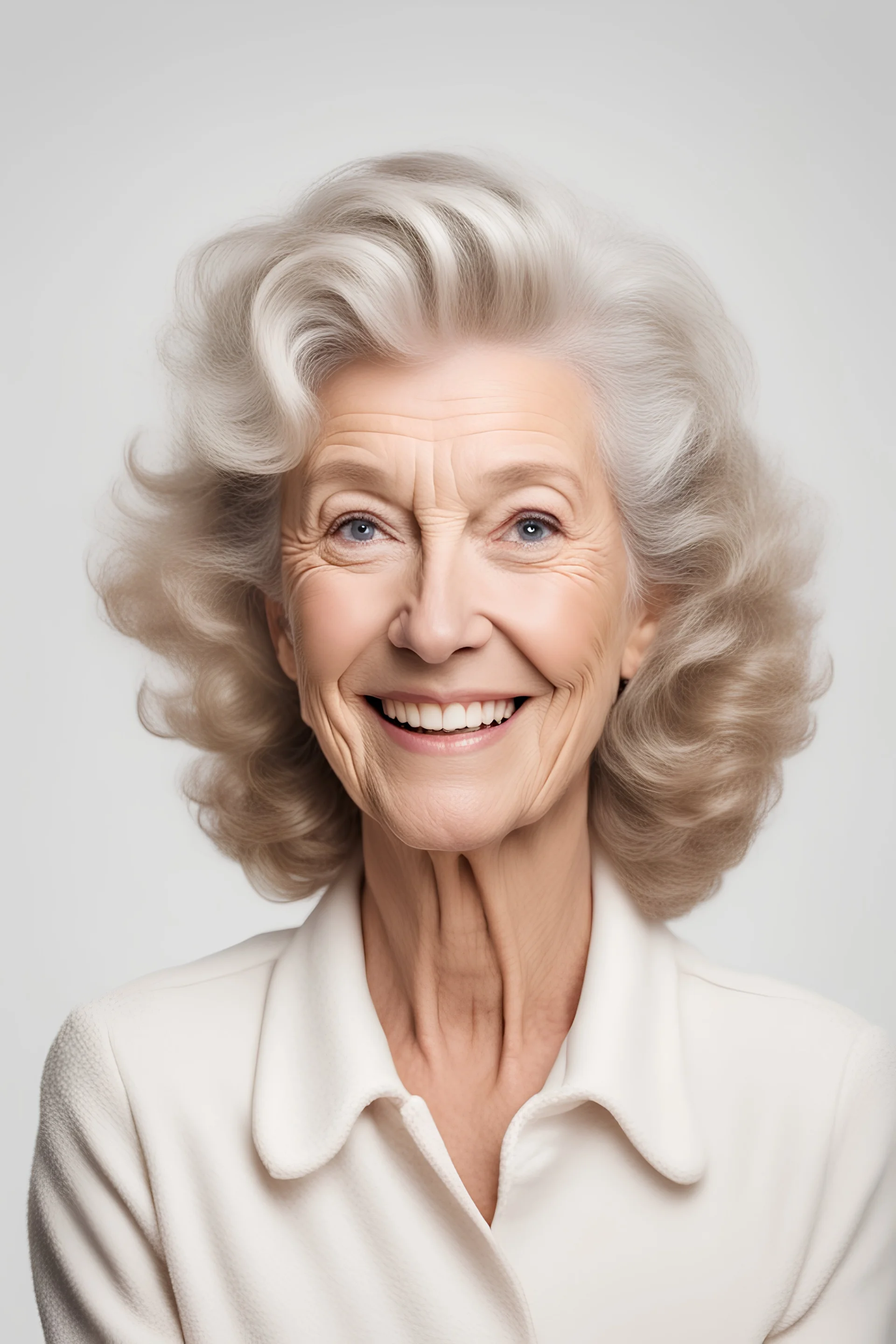 Happy smiling adult 50s aged woman looking at camera portrait isolated on white background. Hair and skin beauty care products advertising concept.