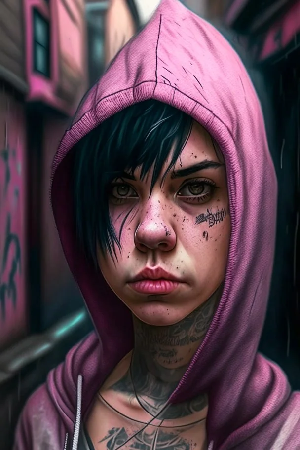 1girl, hoodie, arm tattoo, portrait, asymmetrical bangs, bandaid, short hair, bangs, breasts, freckles, grey eyes, large breasts, looking at viewer, neck tattoo, nose piercing, pink hair, scar, scar on face, solo, tattoo on face, upper body, detailed background, town, alley, dark alley, portrait, hood on head, night, angry, close up, closed mouth, , ((masterpiece)), absurdres <lora:arcane_offset:1>