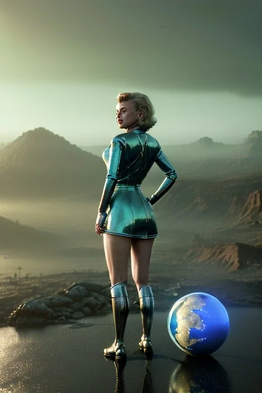 Ultra Realistic retro sci-fi 1960 scene, waist up view portrait, blonde woman, sweet young Marilyn Monroe face, perfect iris, tight latex coat, alien planet background, tight style, steel sphere dron levitating, fog, rain, soft color, highly detailed, unreal engine 5, ray tracing, RTX, lumen lighting, ultra detail, volumetric lighting, 3d, finely drawn, high definition, high resolution.