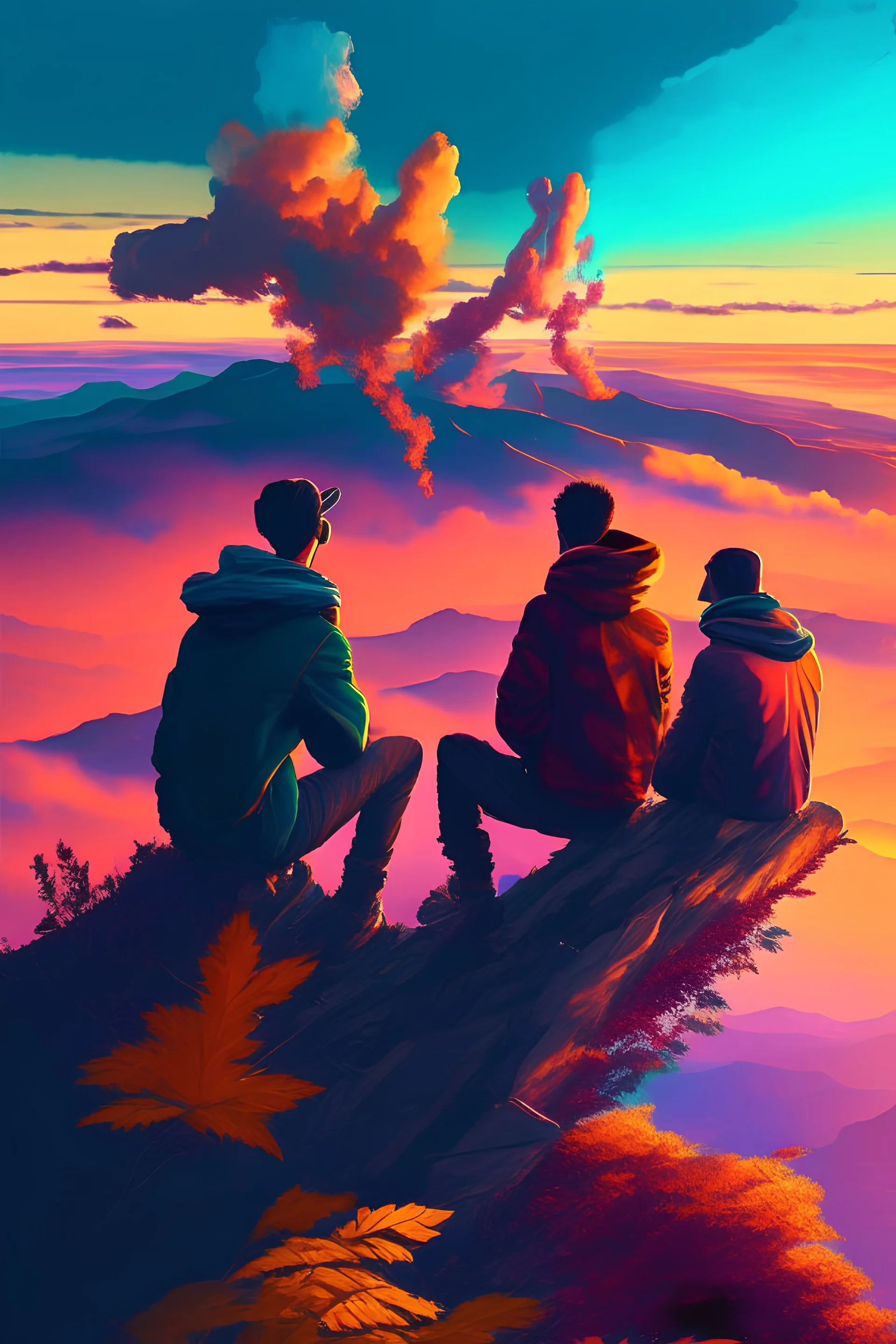 three friends in the mountaintop looking at the sunset while smoking. sky is filled with beautiful colors. wind blowing with leaves