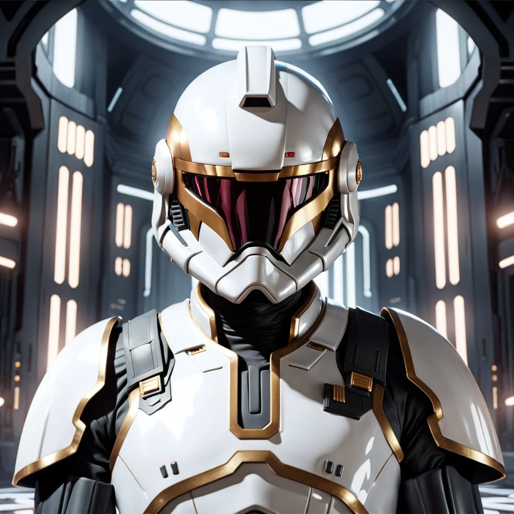 star wars bald male corellian pilot wearing pearlescent black and gunmetal grey First Order special forces heavy assault armor and helmet with gold trim inside the jedi temple, centered portrait, hyperdetailed, dynamic lighting, hyperdetailed background, 8k resolution, volumetric lighting, light skin, fully symmetric details