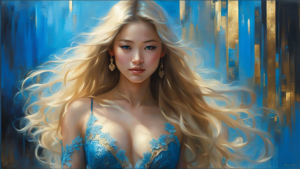 In Casey Baugh's evocative style, art of a gorgeous young smiling asian goddess full body with long blonde hair, blue eyes , beautiful chest and legs, futuristic, transparent blue lace, elegant, highly detailed, majestic, Baugh's brushwork infuses the painting with a unique combination of realism and abstraction, greg rutkowski, surreal gold filigree, broken glass, (masterpiece, sidelighting, finely detailed beautiful eyes: 1.2), hdr, realistic painting, natural skin, textured skin,