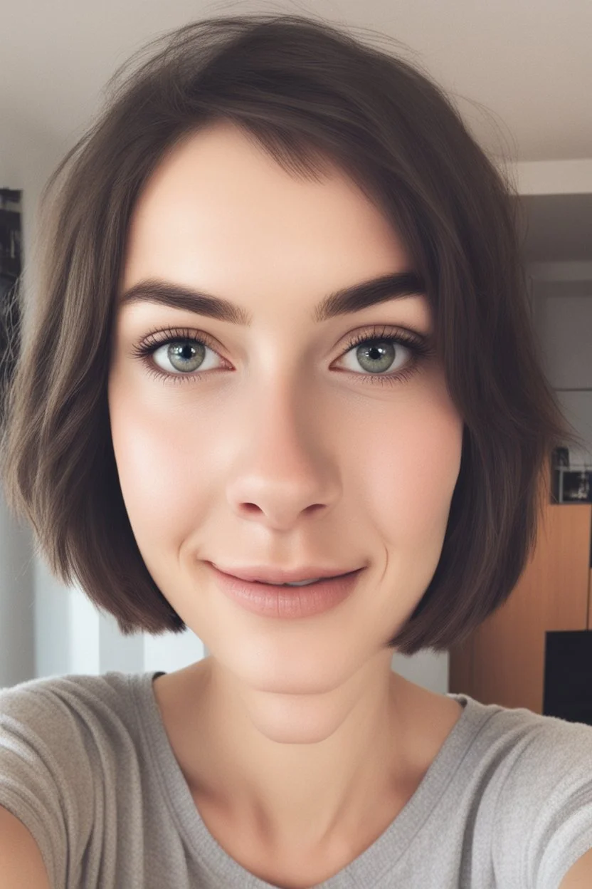 A selfie of a brunette woman with a round face, short hair and small eyes taken at home.